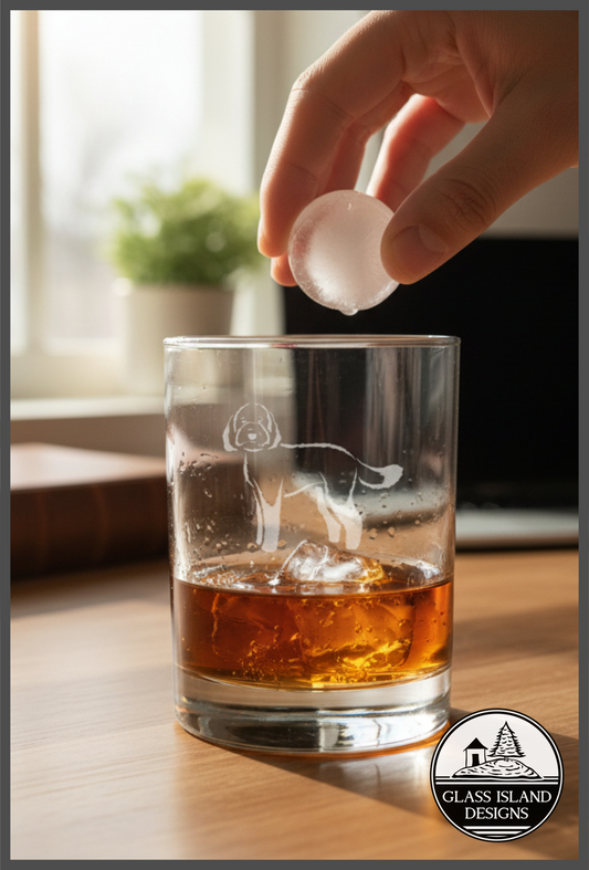 Hand adding ice to a glass of whiskey with a bear design, on a wooden surface.