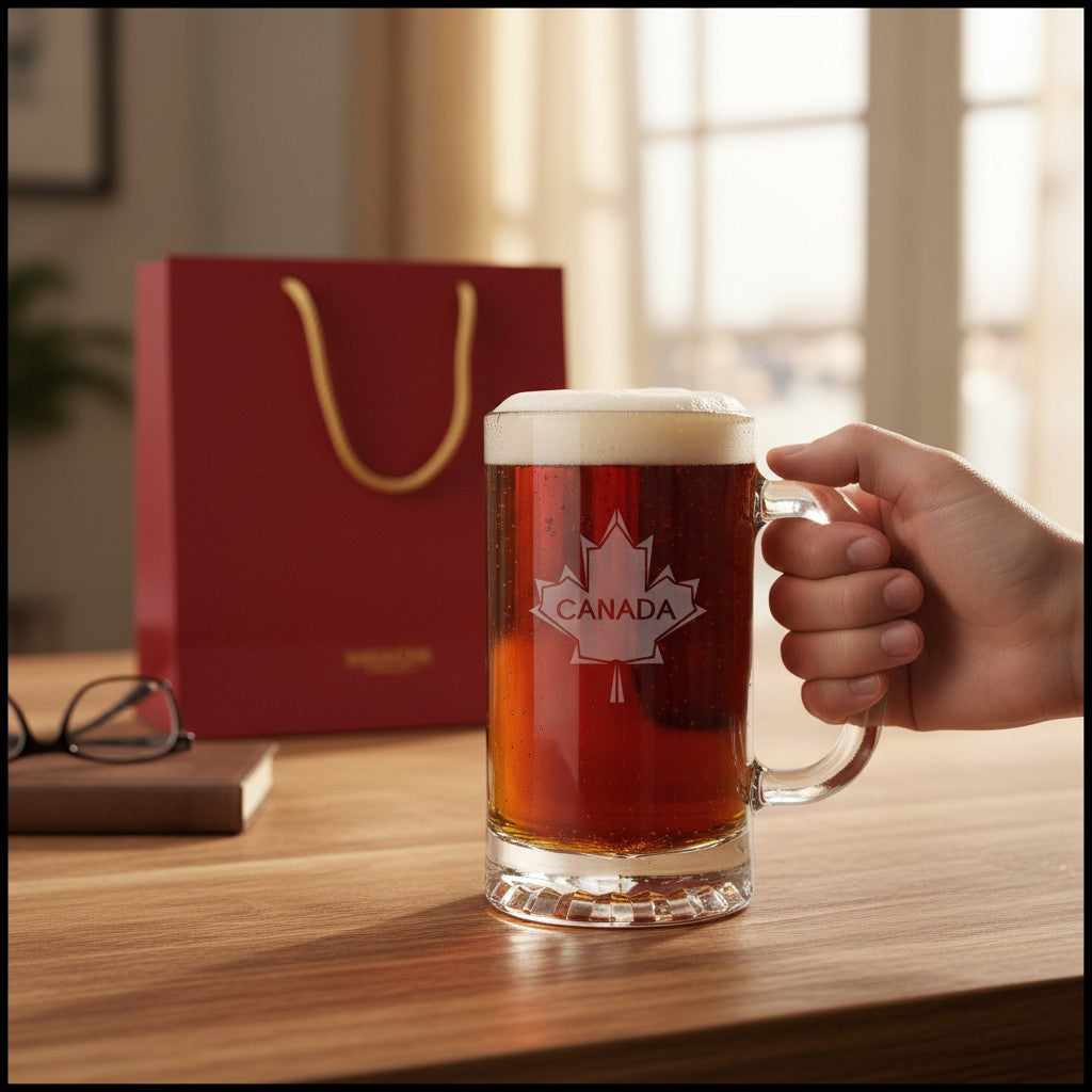 A hand holds a frosted glass beer mug filled with amber beer, featuring a white maple leaf and 'CANADA' text, set on a wooden table with a red gift bag in the background.