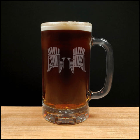 16oz Beer Mug with a design of Adirondack Chairs- Dark Beer - Copyright Hues in Glass