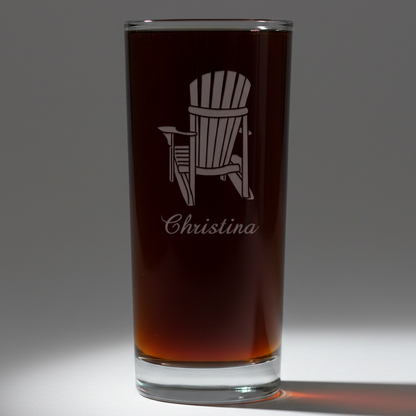 Clear glass with a white adirondack chair design and 'Christina' text on a grey background