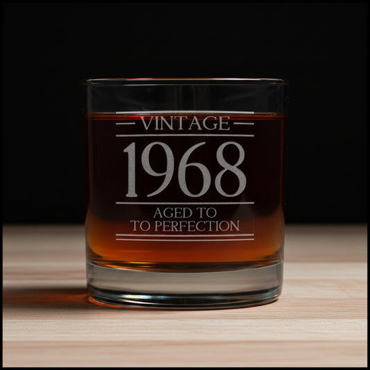 Aged to Perfection Vintage Engraved 11oz Whiskey Glass – Birthday Gift for Him