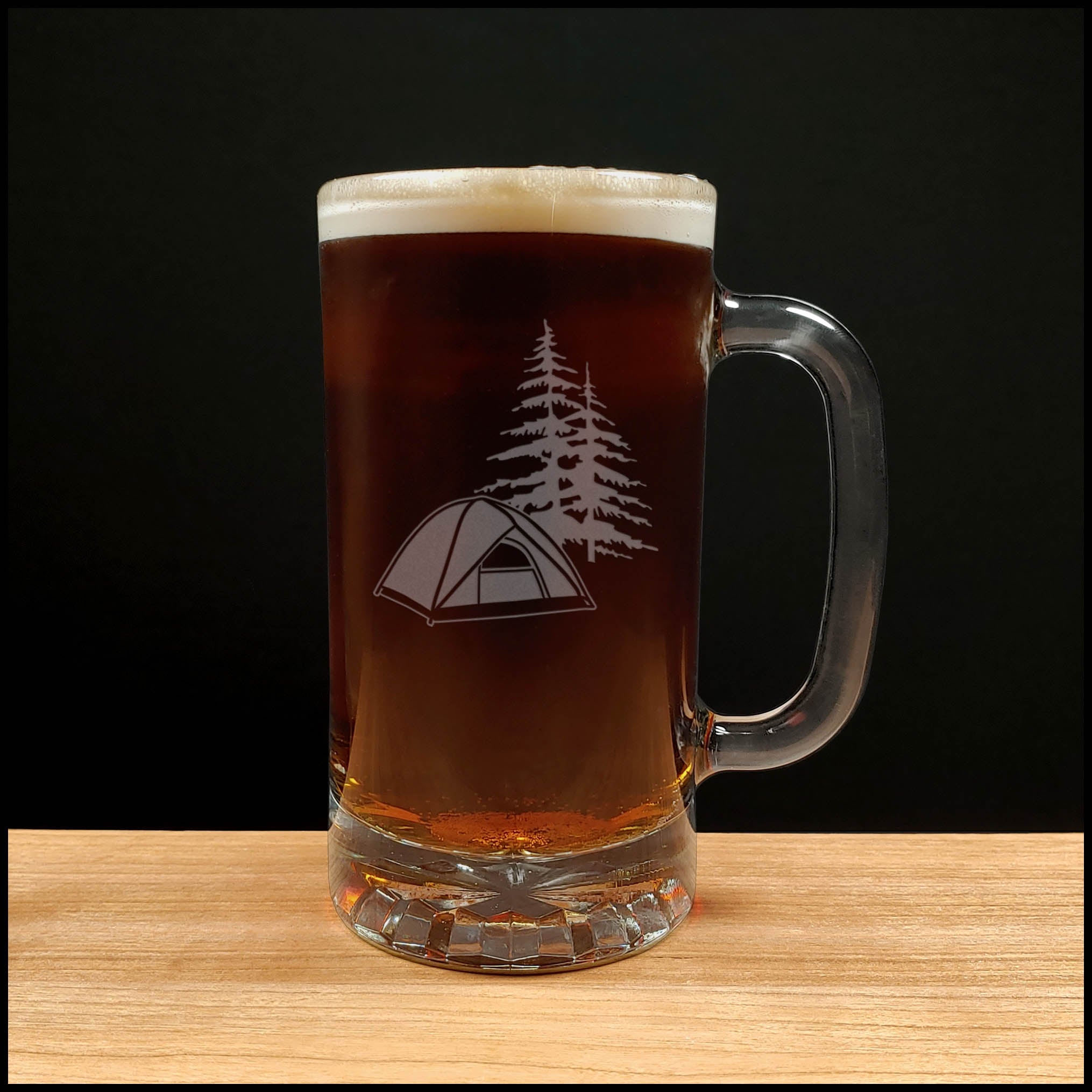 16oz Beer Mug with a design of tent and trees- Dark Beer - Copyright Hues in Glass
