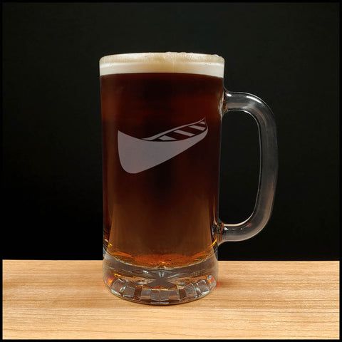 16oz Beer Mug with a design of Canoe - Dark Beer - Copyright Hues in Glass