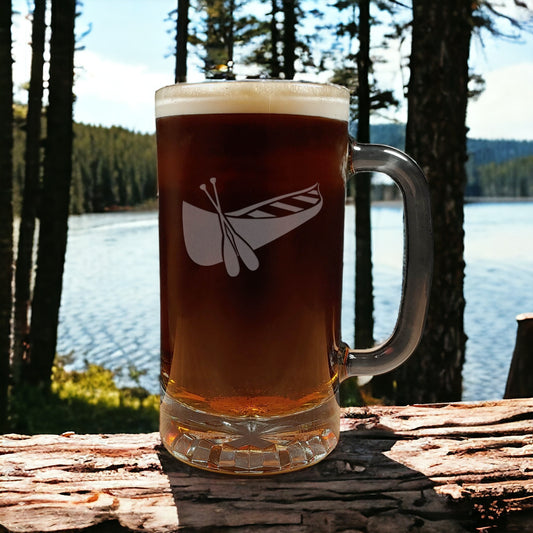 16oz Beer Mug with a design of Canoe and Paddles - Dark Beer - Copyright Hues in Glass
