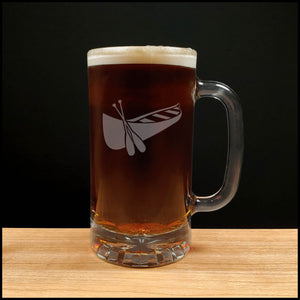 16oz Beer Mug with a design of Canoe and Paddles - Dark Beer - Copyright Hues in Glass