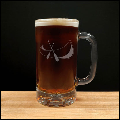 16oz Beer Mug with a design of Canoe and Paddles - Dark Beer - Copyright Hues in Glass