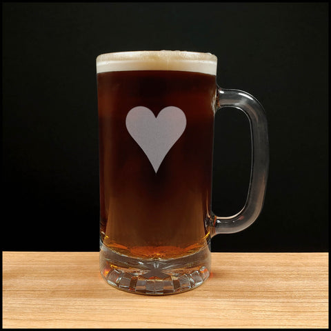 16oz Beer Mug with a design of Hearts - one of the four playing card suits - Dark Beer - Copyright Hues in Glass