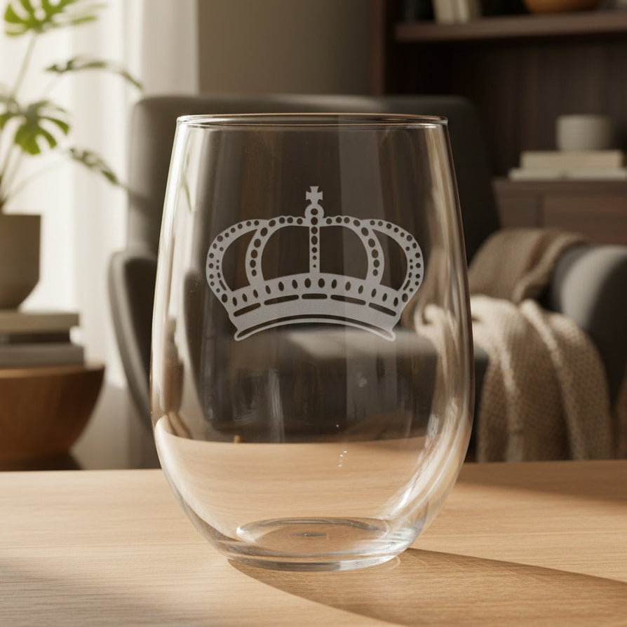 A clear stemless wine glass with an etched silver crown design, resting on a wooden surface with a living room in the background.
