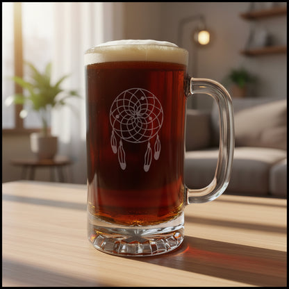 Dreamcatcher 16oz Beer Mug - Deeply Sand Etched Glass - Boho Inspired Gift for Beer Lovers
