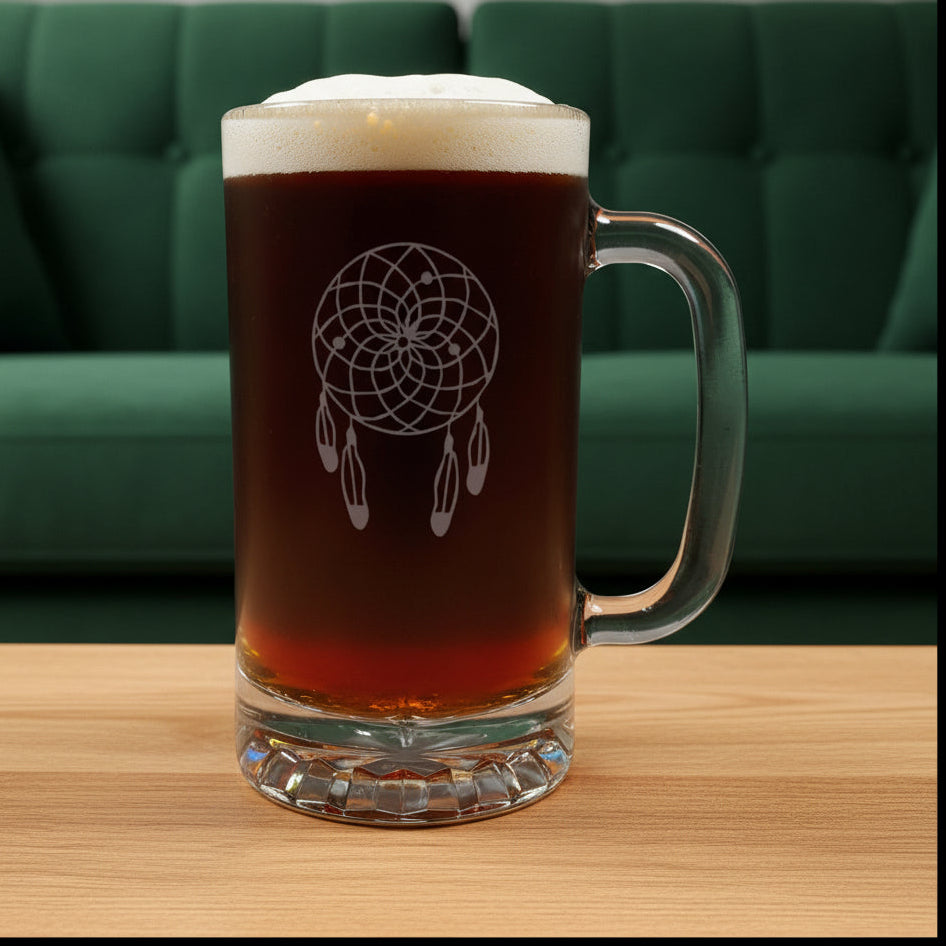 Dreamcatcher 16oz Beer Mug - Deeply Sand Etched Glass - Boho Inspired Gift for Beer Lovers
