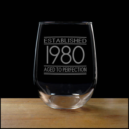 Established Aged to Perfection Stemless Wine Glass 17oz - Custom Milestone Age Wine Glass - Engraved Adult Gift