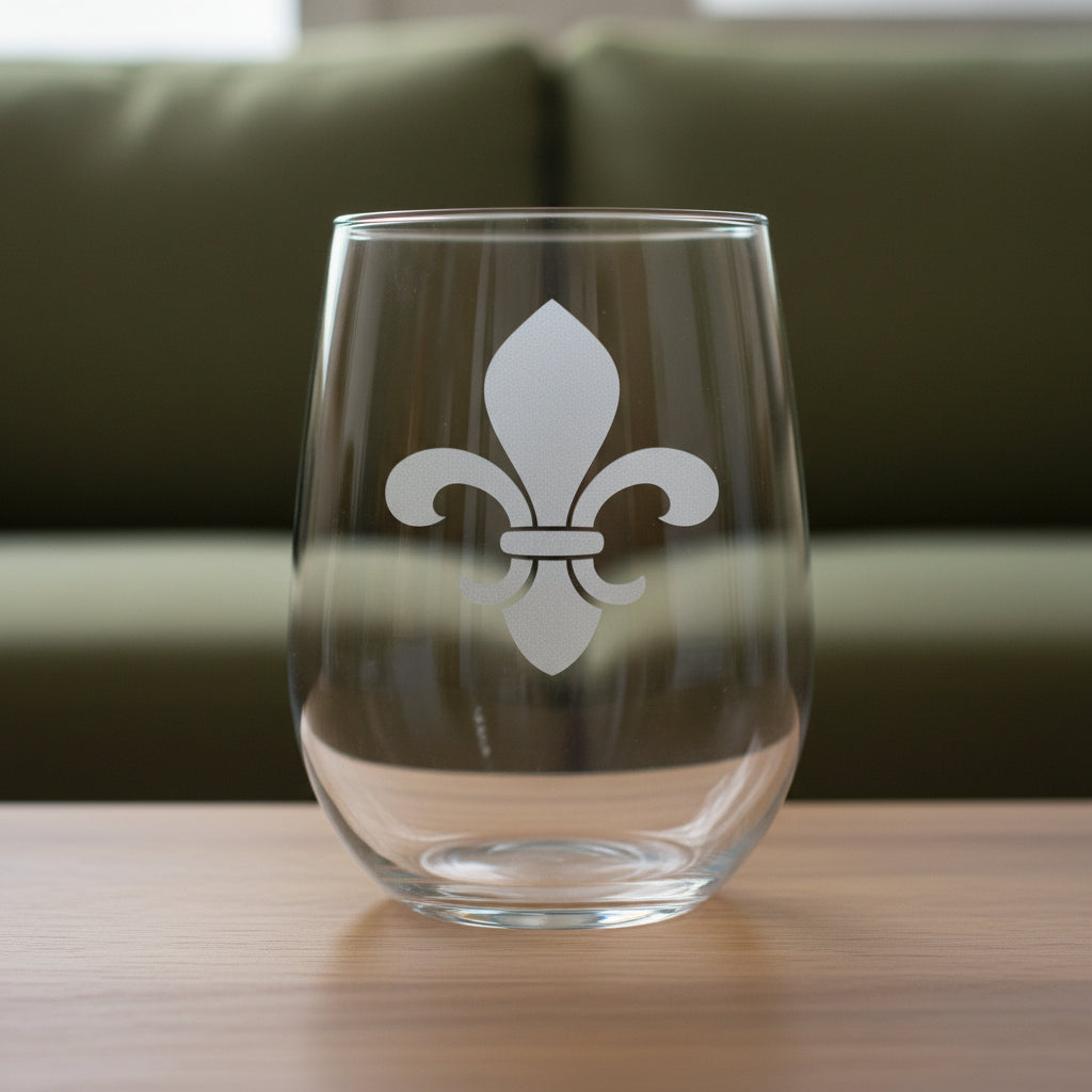 A clear stemless wine glass fleur-de-lis symbol etched on the front, resting on a wooden surface with a green couch in the background.