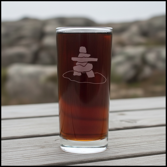Inuksuk 15oz Cooler Glass, Deep Sand Etched Water Tumbler, Canadian Stone Marker Drinking Glass