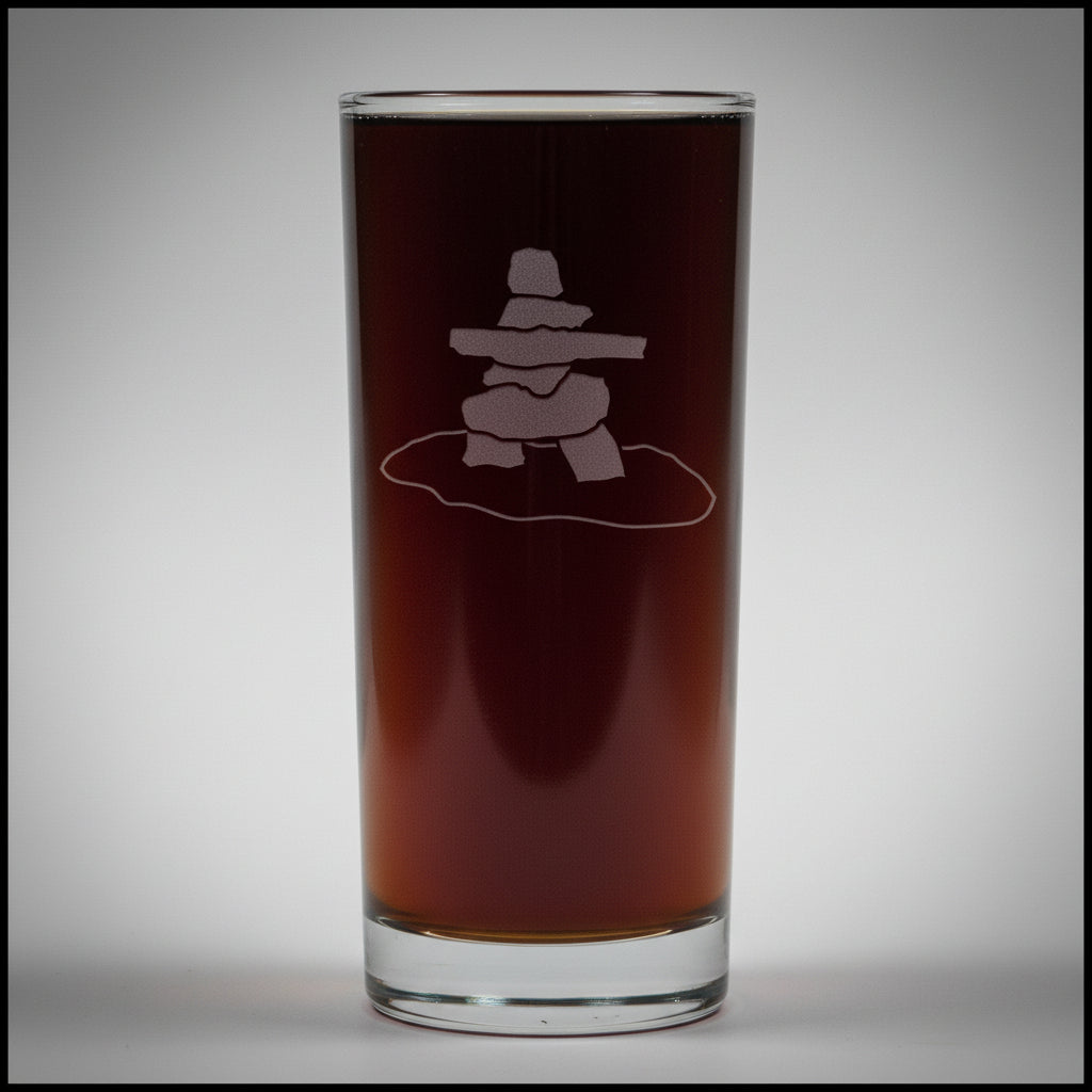 Inuksuk 15oz Cooler Glass, Deep Sand Etched Water Tumbler, Canadian Stone Marker Drinking Glass