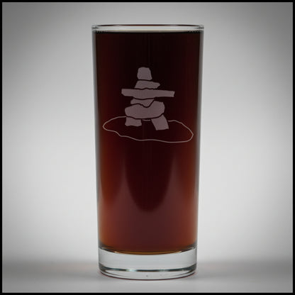Inuksuk 15oz Cooler Glass, Deep Sand Etched Water Tumbler, Canadian Stone Marker Drinking Glass