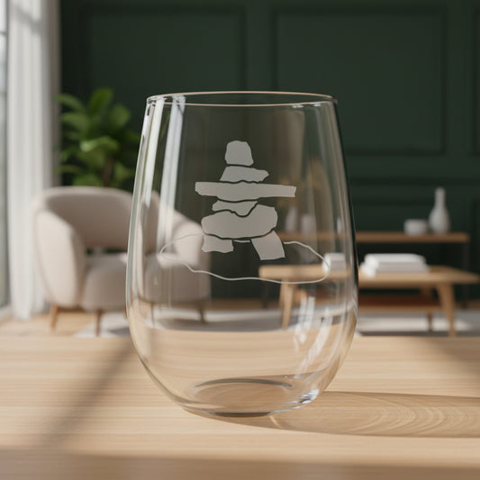 Inuksuk 17oz Stemless Wine Glass - Deep Sand Etched Canadian Stone Marker Design - Wildlife & Cottage Gift