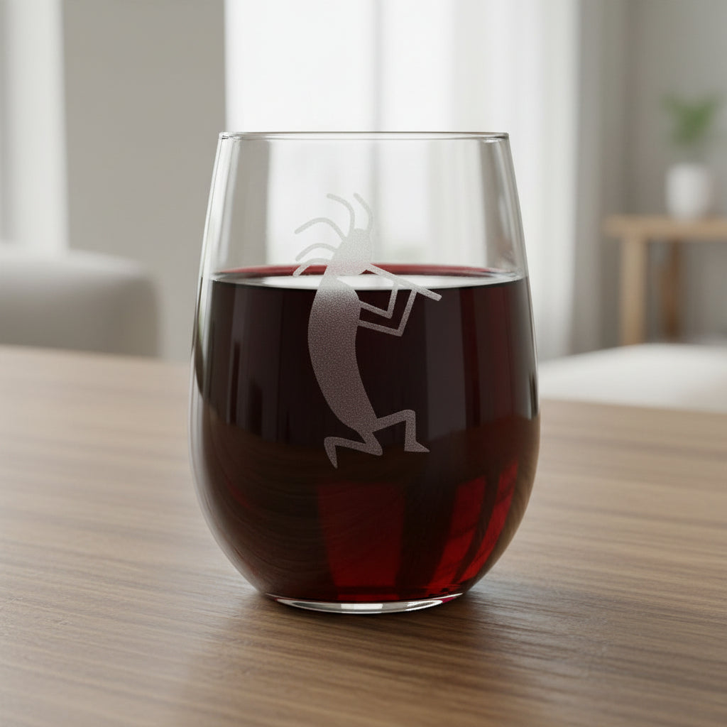 A clear stemless wine glass with a white line-art engraving of a Kokopelli dancer, resting on a wooden surface 