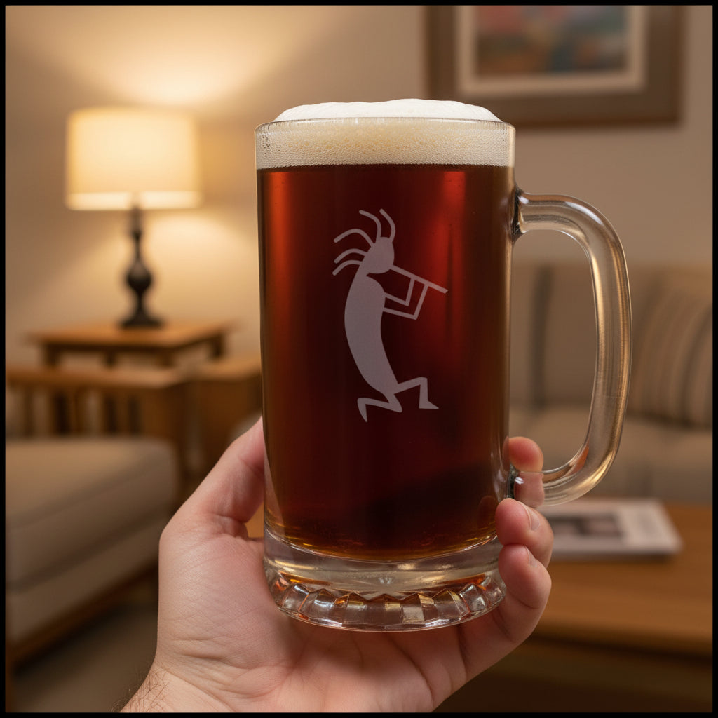 A clear glass beer mug with a handle, filled with dark amber beer and topped with white foam, featuring a etched kokopelli figure. The mug is placed on a light wood surface with a living room in the background.