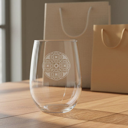 A clear stemless wine glass with a  mandala design on the front, set on a light wooden table with two beige gift bags in the background.