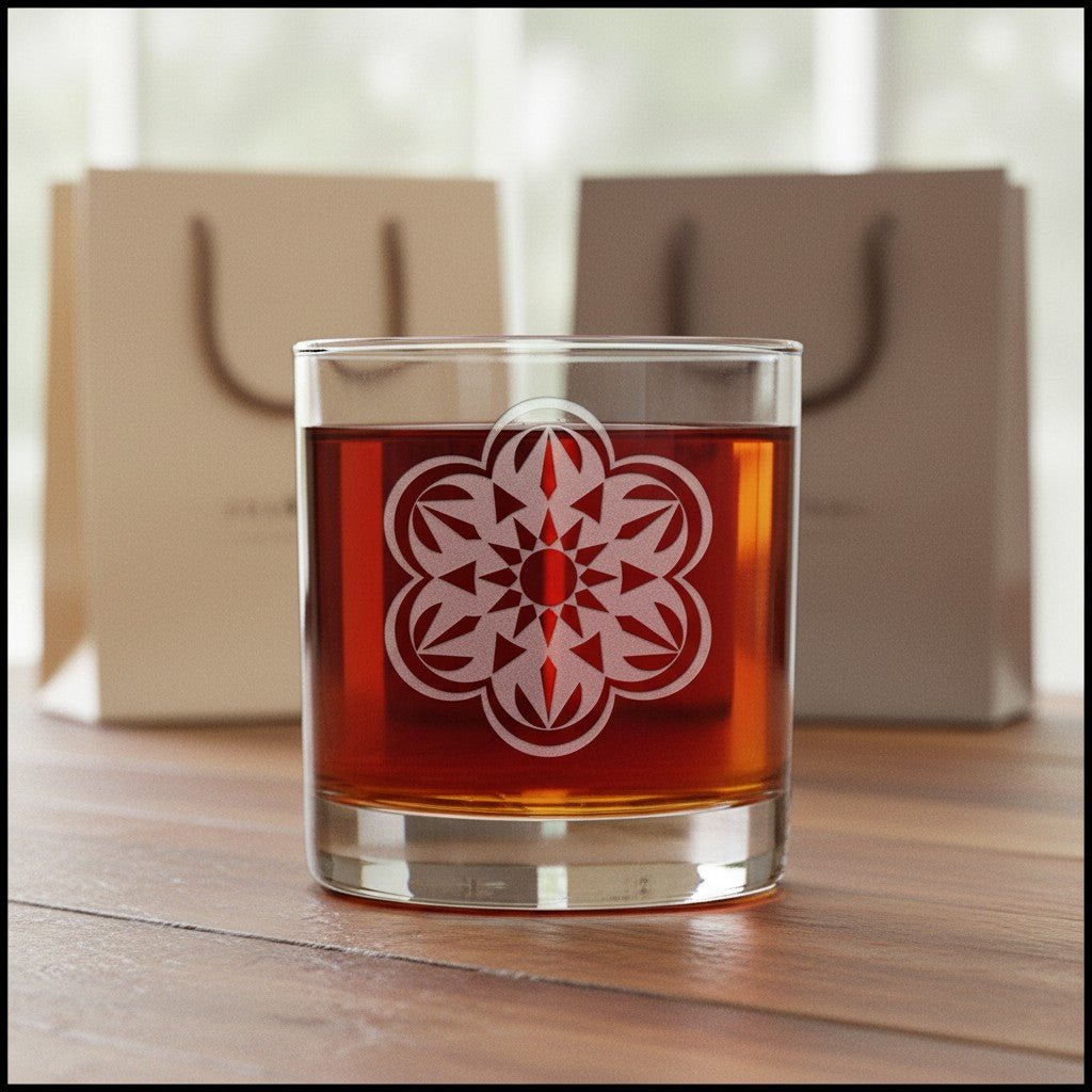 A clear glass rocks tumbler filled with amber liquor, featuring a white etched floral mandala design on the front, set on a wooden table with blurred beige gift bags in the background.