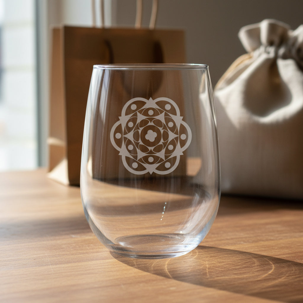 A clear stemless wine glass with a etched geometric mandala design printed on the front, resting on a wooden surface with giftbags in the background.