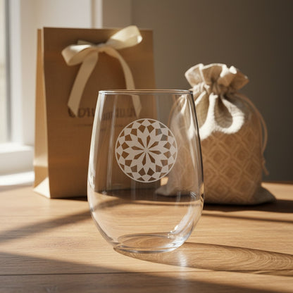 Mandala 17oz Stemless Wine Glass Deep Etched Handmade Glassware