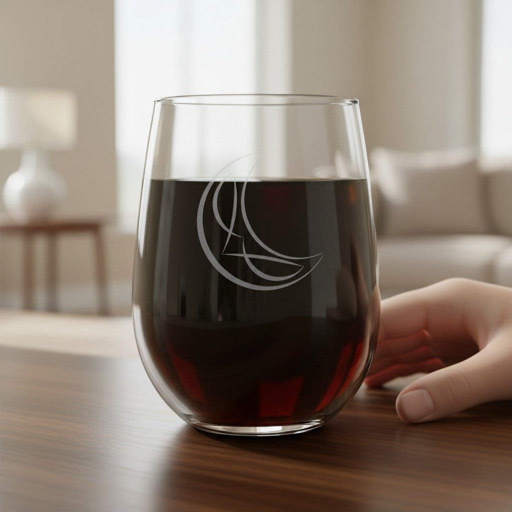 A clear stemless wine glass with an etched crescent moon and star design, partially filled with dark red wine, sitting on a wooden table with a hand resting near the rim in a softly blurred living room setting.