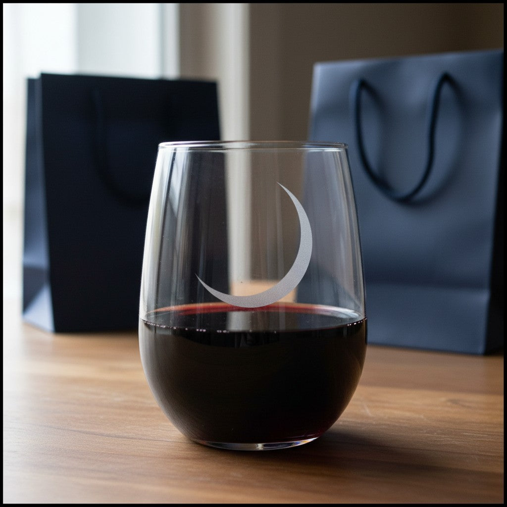 A clear stemless wine glass with a white crescent moon design, partially filled with red wine, sitting on a wooden table with two dark gift bags in the background.