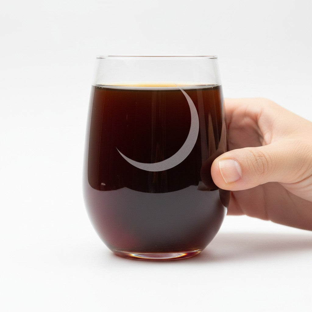 A hand holding a clear stemless glass tumbler filled with a dark brown beverage, featuring an etched crescent moon design on the front, against a plain white background.