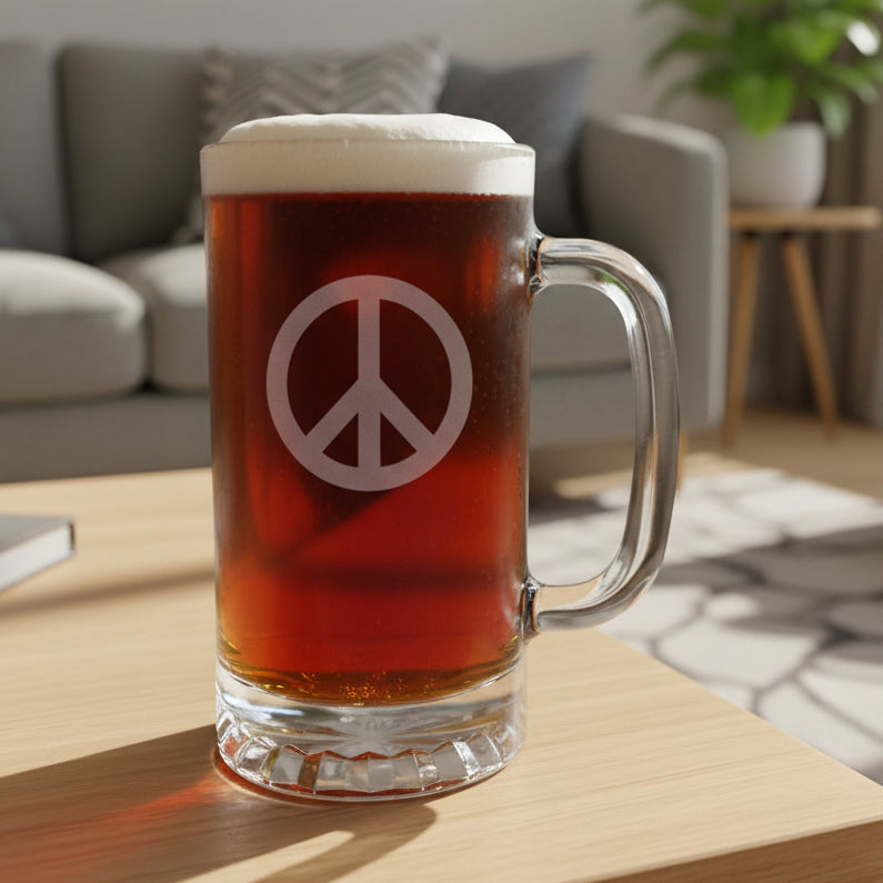 A clear glass beer mug filled with dark beer, featuring a frosted white peace sign on the front, set on a light wood surface with a living room in the background.