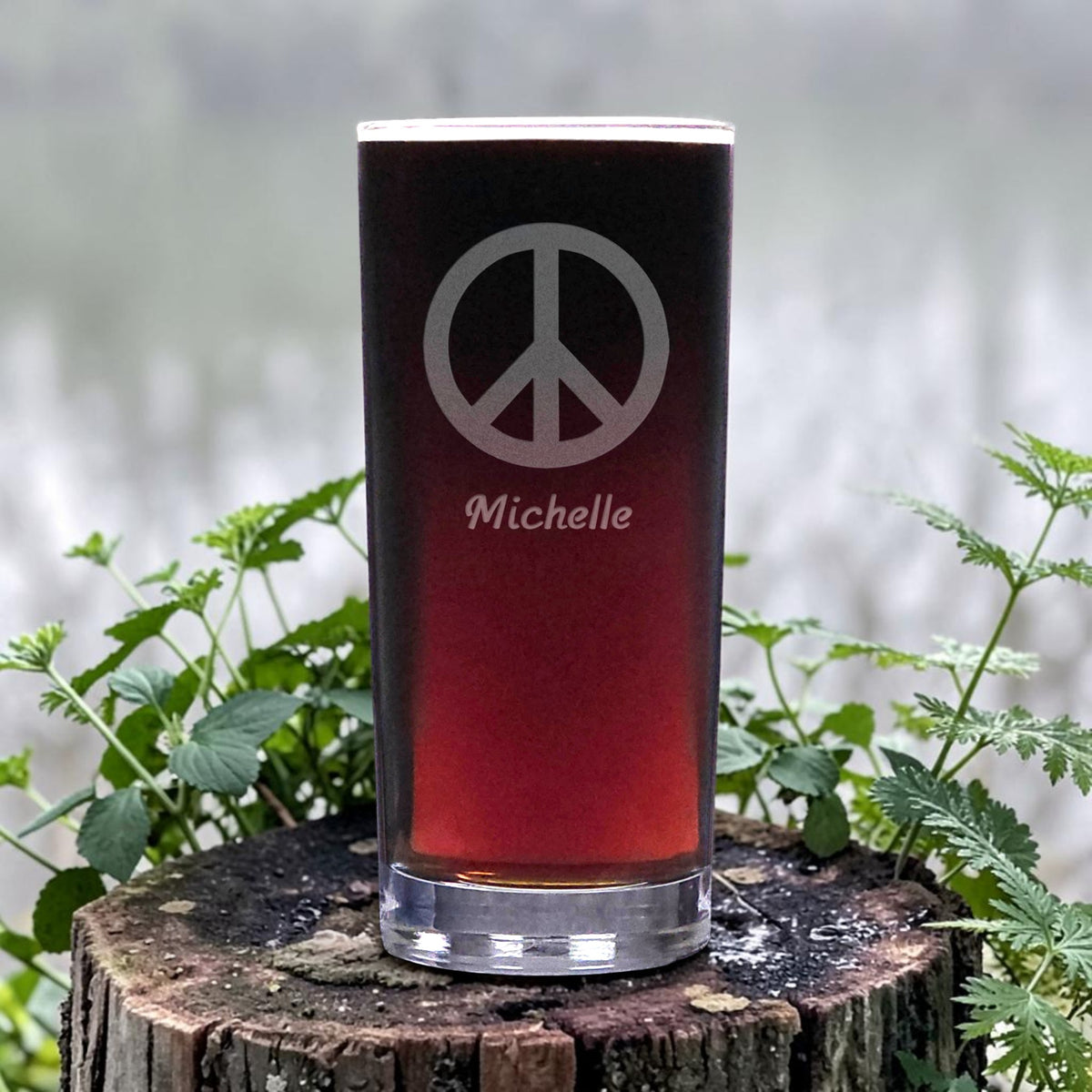 Peace Symbol 15oz Cooler Glass Deep Sand Etched Water Tumbler