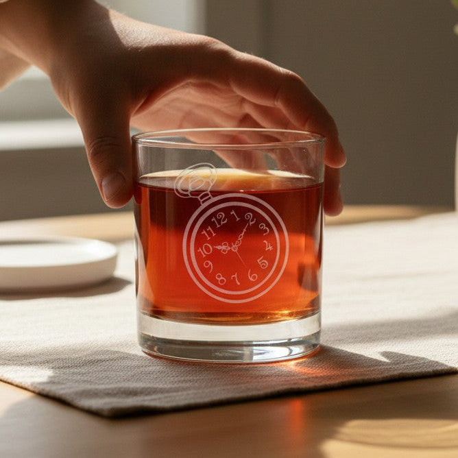 A hand holds a clear 11oz whiskey glass tumbler with an etched pocket watch design, filled with an amber-colored liquid, on a wooden table with warm sunlight