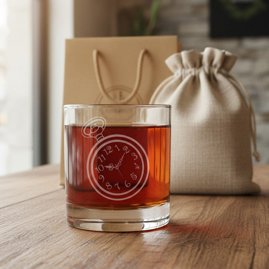 A clear whiskey tumbler with an etched pocket watch design, filled with amber liquid, set on a wooden table with a kraft gift bag and a beige drawstring pouch in the background.