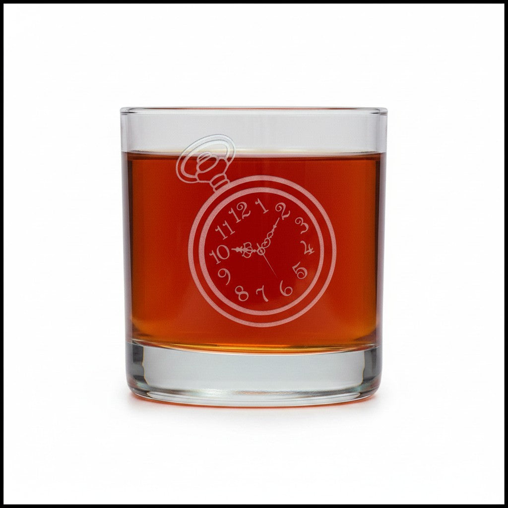 Pocket Watch 11oz Whiskey Glass Deep Sand Etched Personalized Gift
