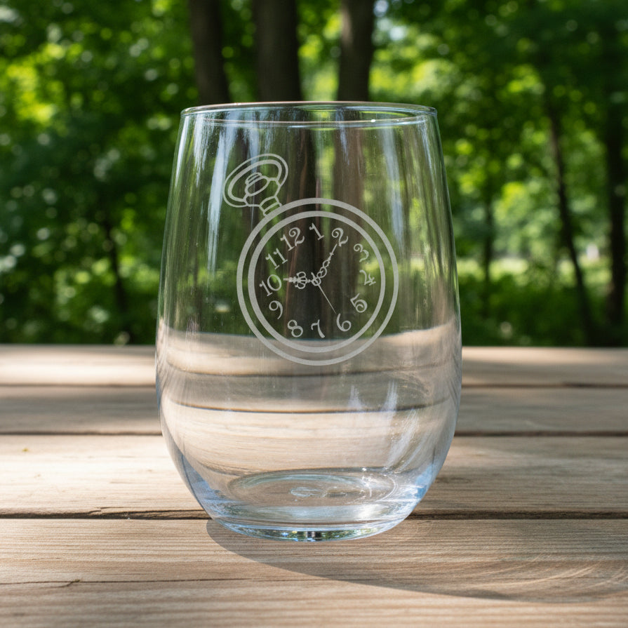 A clear stemless wine glass with an etched pocket watch design on the front, resting on a wooden surface against trees in the background
