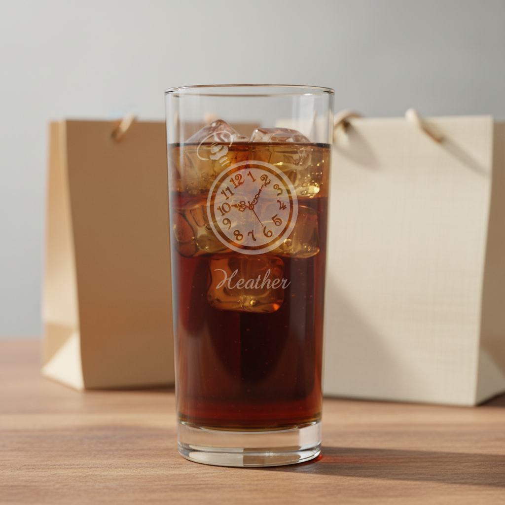 A clear highball glass filled with a dark drink, featuring a etched pocket watch design and the name 'Heather' on the front, with two gift bags in the background.