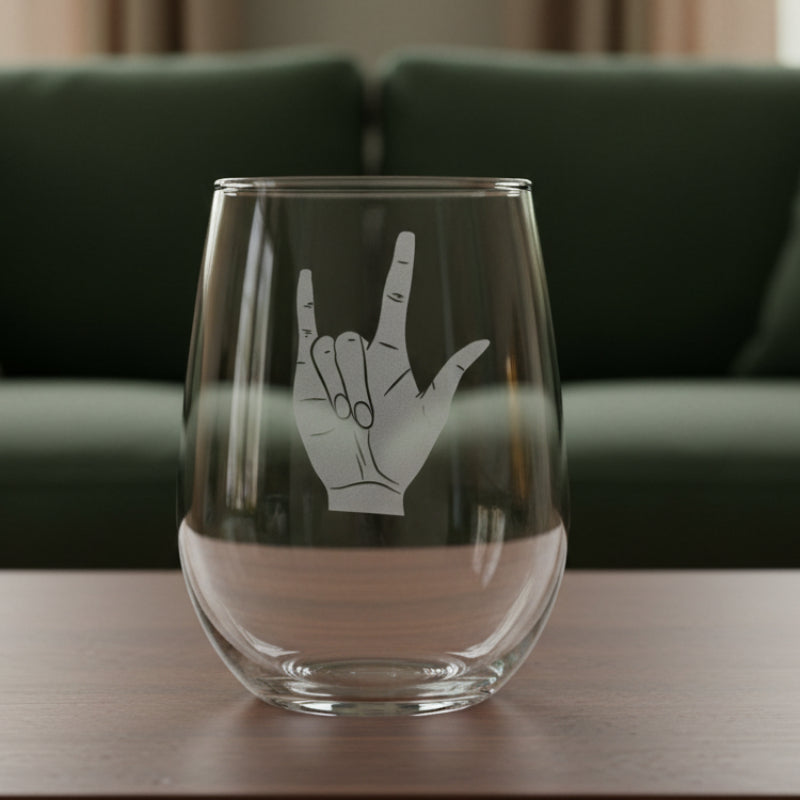I Love You Sign Language - 17oz Stemless Wine Glass - Deep Sand Engraved