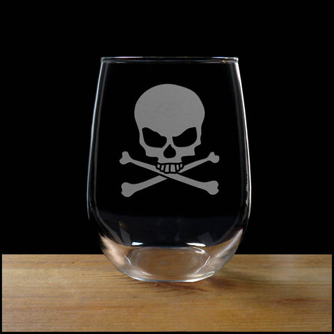 Stemless Wine Glass with the image of a Skull and Cross Bones  - Copyright Hues in Glass