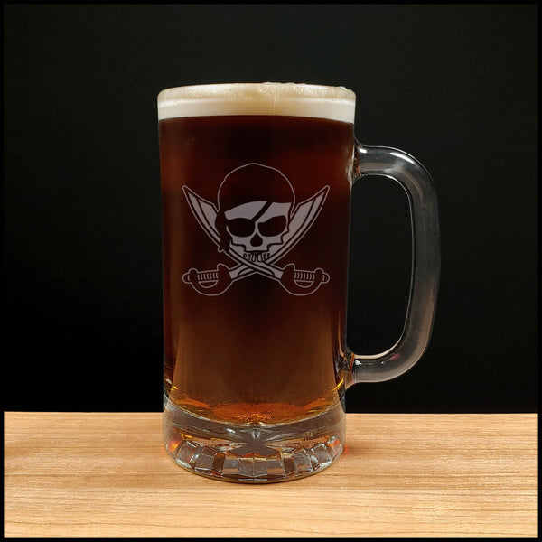 Skull and Crossed Swords 16oz Engraved Beer Mug - Pirate Skull Beer Pint Glass - Personalized Gift