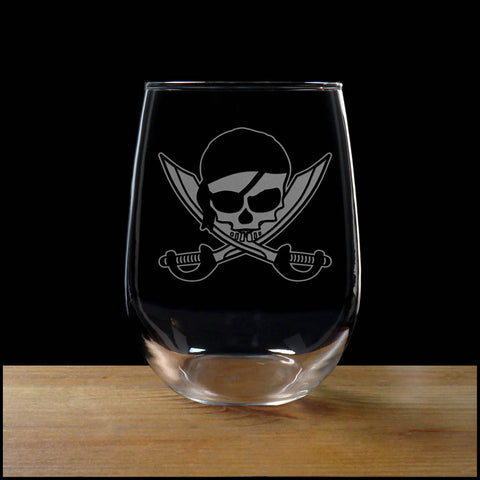 Stemless Wine Glass with the image of a Skull and Crossed Swords - Copyright Hues in Glass
