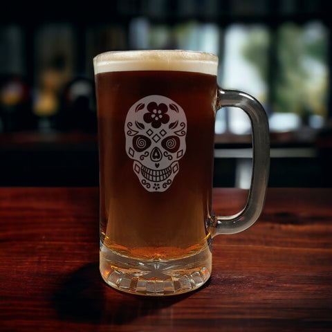 Female Sugar Skull 16oz Beer Mug - Copyright Hues in Glass
