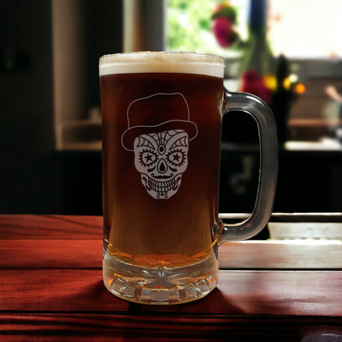 Sugar Skull 16oz Beer Mug - Copyright Hues in Glass