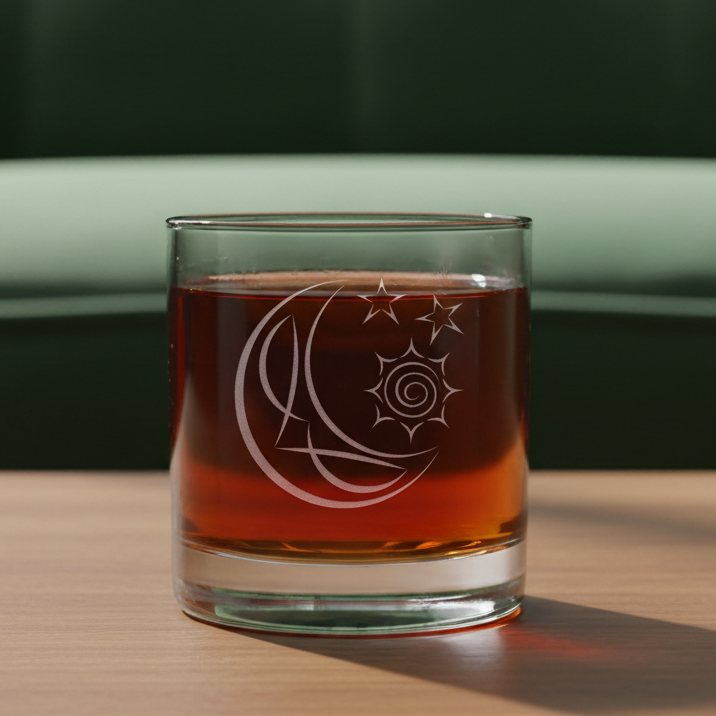 A clear glass rocks tumbler with an etched crescent moon and star design, filled with a dark red liquid, shown against a green couch in the background.