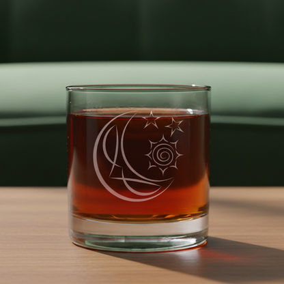 A clear glass rocks tumbler with an etched crescent moon and star design, filled with a dark red liquid, shown against a green couch in the background.