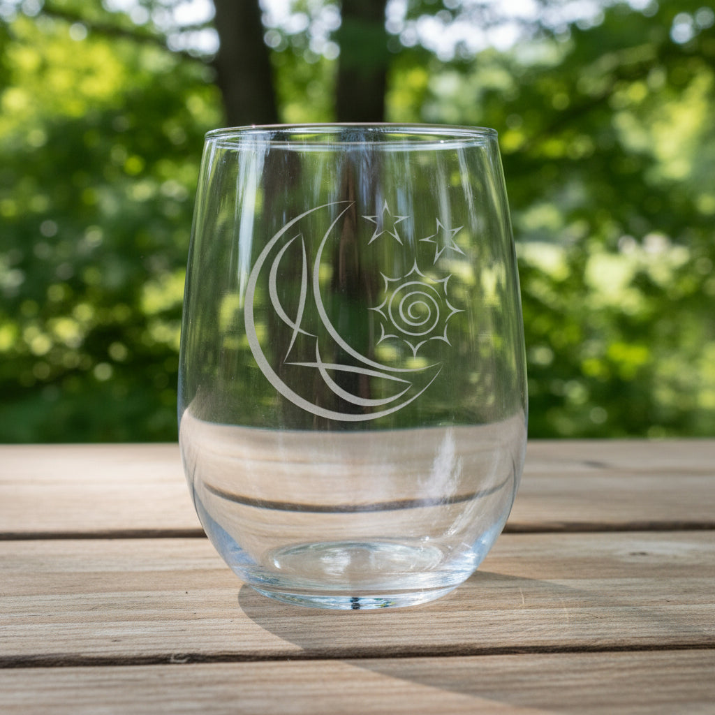 A clear stemless wine glass with an etched crescent moon and stars design, resting on a wooden surface against trees in the background.