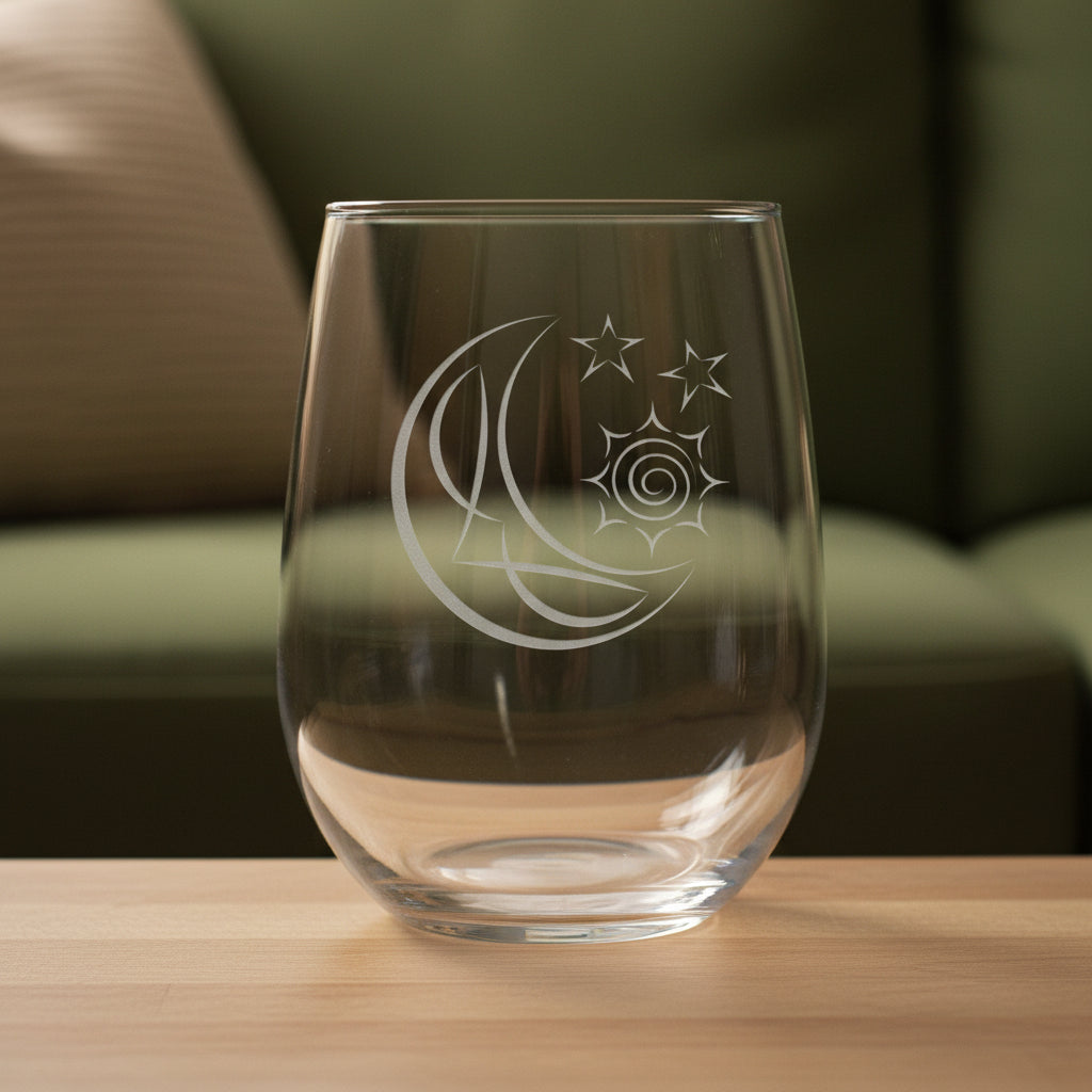 A clear stemless wine glass with a white etched crescent moon and stars design, resting on a wooden surface against a green couch