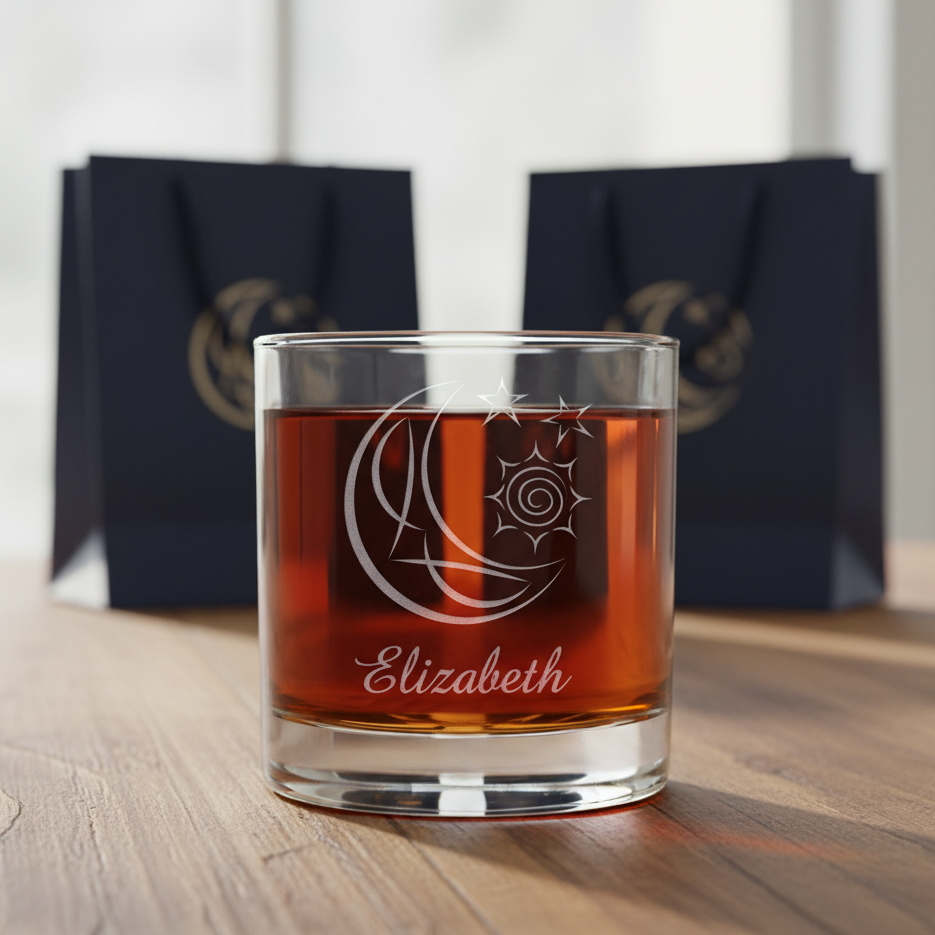 A clear glass rocks tumbler with an etched crescent moon and star design, filled with a dark red liquid, shown with 2 dark blue gift bags in the background.