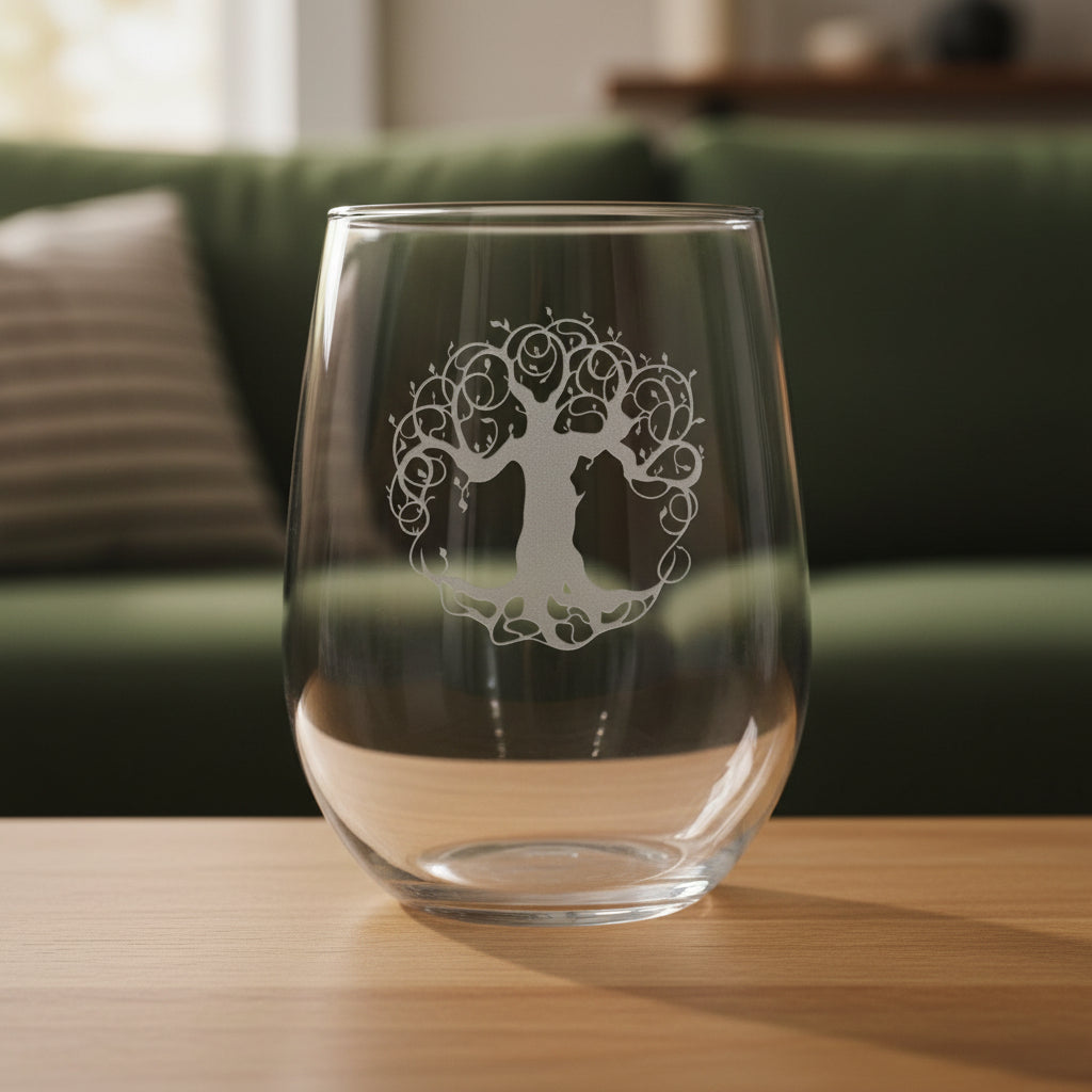 A clear stemless wine glass with a silver etched tree of life design, resting on a wooden surface against green couch