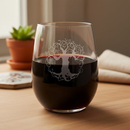 Tree of Life 17oz Stemless Wine Glass - Deep Sand Etched Nature Design