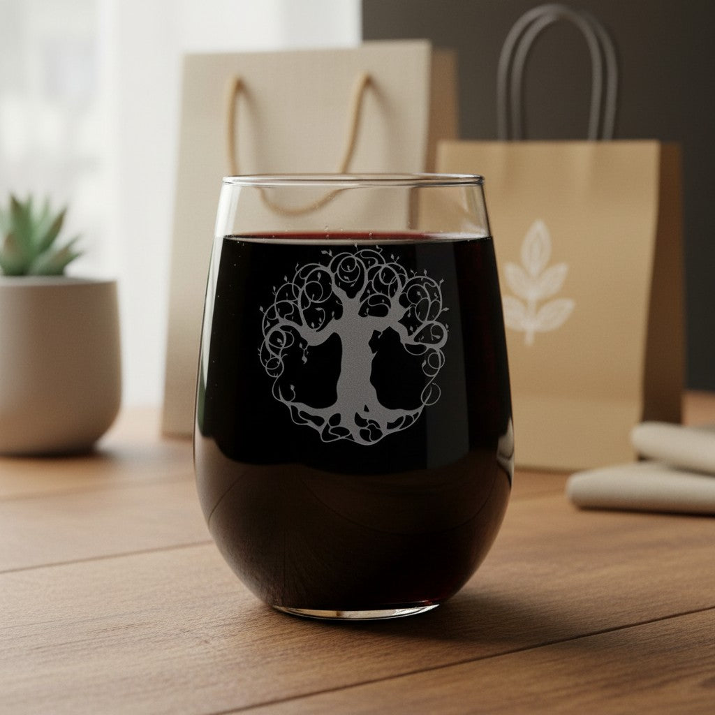 A stemless wine glass filled with red wine, featuring an etched tree-of-life design on the front, set on a wooden table with gift bags in the background.